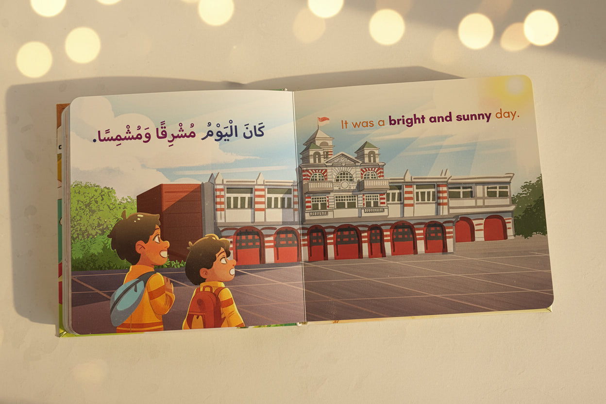 An open children's book spread showing a colorful illustration of a school building and two children, with Arabic text on the left page and English text on the right page. The book is photographed on a pink surface with other books partially visible in the background.