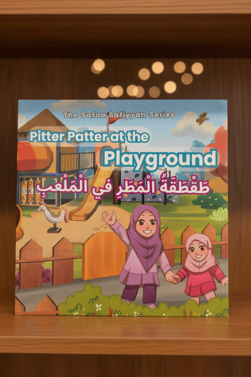 Cover of a bilingual boardbook titled 'Pitter Patter at the Playground' featuring cartoon illustrations of two girls at a playground, with a white and purple sky in the background.
