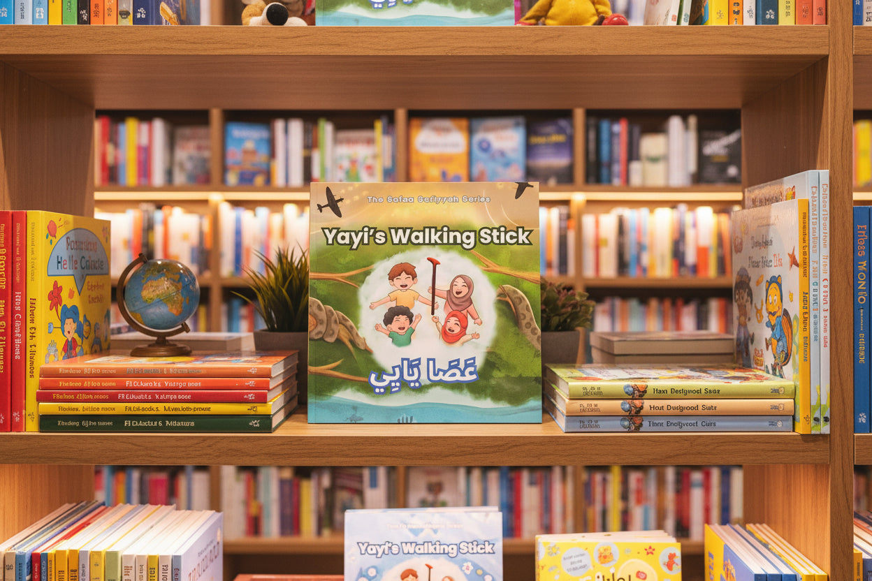 A book cover of 'Yayi's Walking Stick' featuring cartoon illustrations of a smiling family with a walking stick, set against a green background with insects and decorative elements.