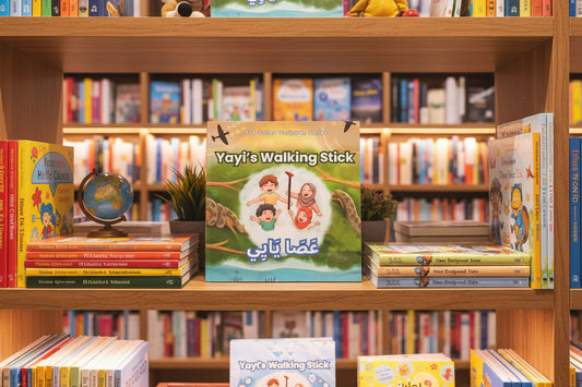 A book cover of 'Yayi's Walking Stick' featuring cartoon illustrations of a smiling family with a walking stick, set against a green background with insects and decorative elements.